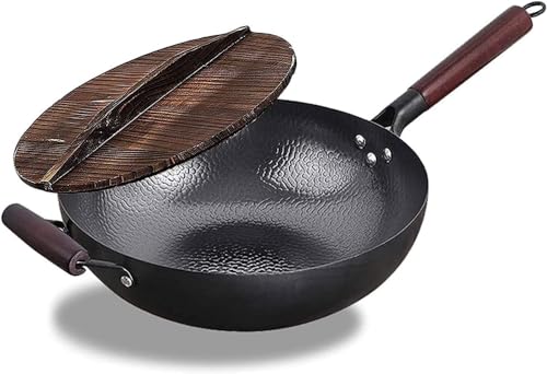 Wok de acero al carbono con tapa y mango de madera 34 cm miniatura 1