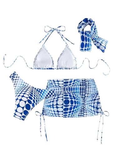 Image of RoseSeek Women's 4 Piece Polka Dots Bathing Suits Cover Up Skirt & Bandana