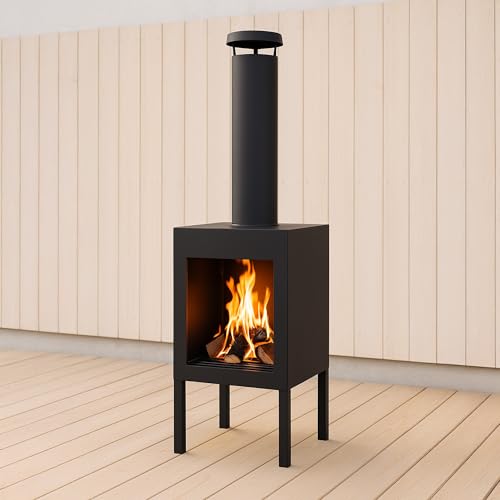 JSH Modern Square Chiminea for Outdoors Garden and Patio | 100cm Black Metal Brazier Fire Pit | Durable | Easy To Assemble | Outdoor Lightweight Wood Log Burner