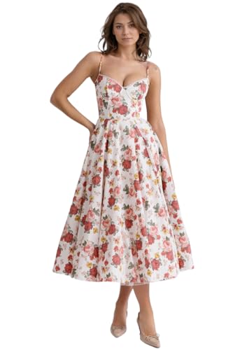 Midi Corset Prom Dress for Women Vintage Satin Tea Length Dresses A Line Pocket Formal Evening Gown with Puffy Tulle