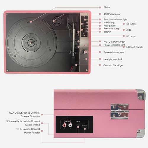 Giradischi in vinile con altoparlanti integrati, registrazione USB, 33/45/78 giri/min, ingresso 3,5 mm, fonografo portatile per dischi da 7-12 pollici