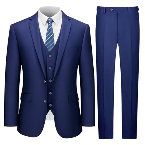 LUPURTY Bundle (Navy-S+LGREY-S) Suits for Men Classic Slim Fit,Mens Suits 3 Piece 2 Buttons Solid Jacket Vest Pants&Tie,Tuxedo Set for Party Wedding Business Prom Causal Formal,3