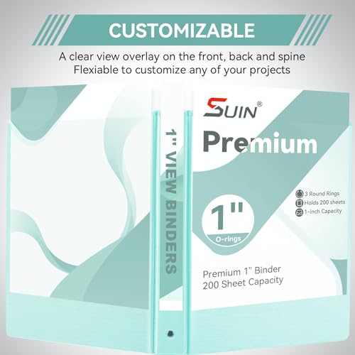 Image of SUIN 1 Inch 3 Ring Binder, Clear 1'' View Presentation Binders with 2 Pockets, Fits 8.5 x 11 Letter Size, Durable Polypropylene, Non-Stick & PVC-Free for School, Office & Home (Brushed Green)