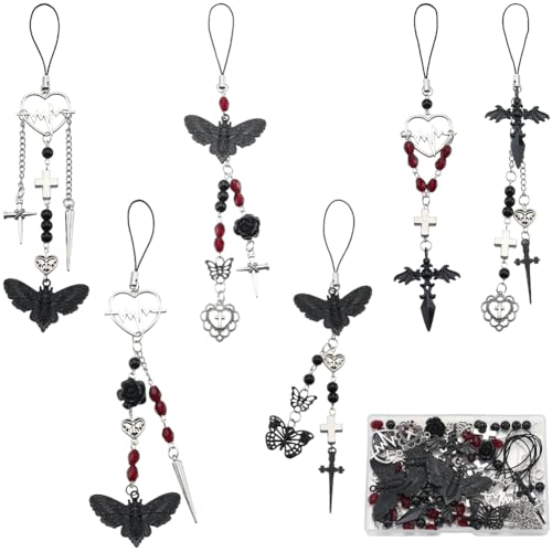 SUNNYCLUE 1 Box 6 Straps Phone Charm Making Kit Halloween Phones Charms Strap Skeleton Moth Butterfly Cross Gothic Cellphone Charm for Women Adults DIY Keychain Moblie Phone Case Decor
