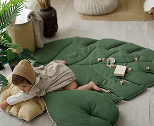 100% Linen Organic Play Mat Leaf Baby Padded Rug Monstera Tropic Nursery Floor Toddler Mattress Kids Playmat For Crawling Rug Activity Playing Gym Cushioned Quilted Baby Mat Natural (Green Mat) #TOP2