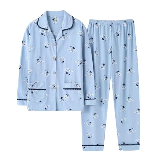 Image of NSICBMNO Blue Cotton Pyjamas For Women Uk Long Sleeve Pjs Winter Two Piece Outfit Lounge Wear Sets Floral Blouses Button Up Shirts Elastic Waist Trousers Pj Bottoms Nightwear Sleepwear Plus Size