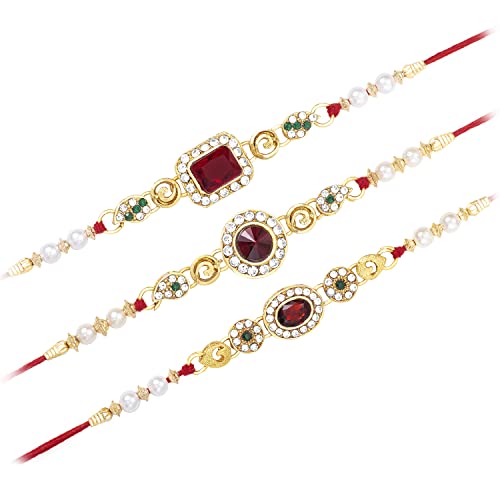 Image of Peora Rakhshabandhan Thread Rakhi for Brother Bhaiya | Crystals & Kundan Studded | Combo, Set of 3 | Rakhi Hamper with Roli Chawal & Greeting Card