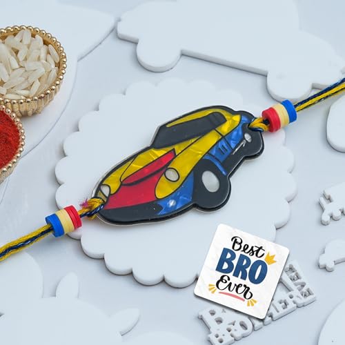 Image of eCraftIndia Car Design Rakhi for Kids Girls Boys with Best Bro Ever Fridge Magnet | Raksha Bandhan Kids Rakhi for Brother Bhaiya Bhai | Roli Chawal Pack