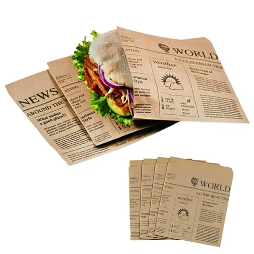 Snacktaschen | Burger Papier | Kraftpapier | Fettdicht | 50 Stück | 16x16cm | 100% Recyclebar | Umweltfreundlich | Biologisch abbaubar | Döner | Tüte | Snack | Zeitung