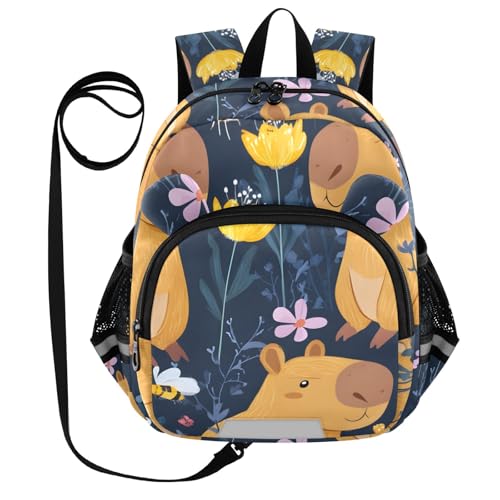 Kid's Backpack for Boys & Girls Toddler Bag Capybara Flower Bee Pattern Backpack with Safety Leash