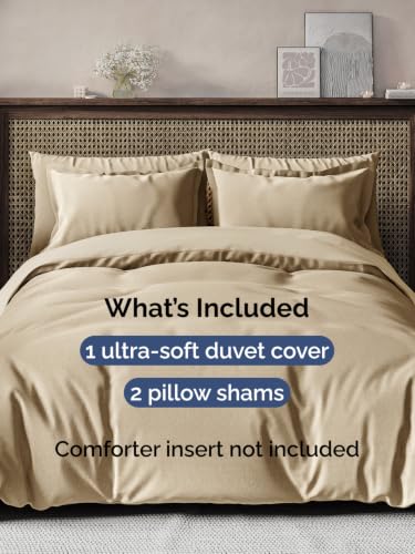 Image of Duvet Cover King Size - 3 Piece Set with Zipper Closure - Heathered Tan | Extra Soft King Duvet Cover 104 inch x 90 inch with 2 Pillow Shams, Hotel Luxury w / Zipper Closures & Ties, Comfy & Breathable, Comfy