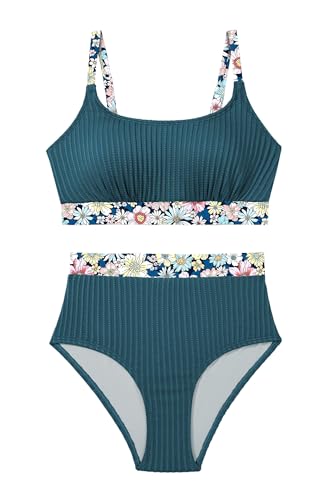 Image of Herseas Women's Textured Bikini Sets Floral Print Trim Scoop Neck Swimsuits High Waisted Bathing Suits