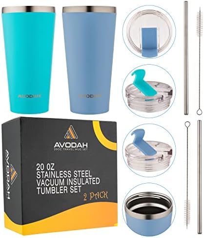 AVODAH 20 oz 2 Pack Tumbler With Lid and Straw/Travel Coffee Mug with Leakproof Lid/Triple Insulated Coffee Tumbler/Dishwasher Safe Travel Mug with Reusable Straw (Sky Blue & Aqua)