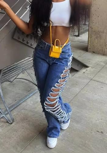 Women's High Waisted Ripped Jeans Side Cut-Outs Destroyed Frayed Tassels Distressed Denim Pants3