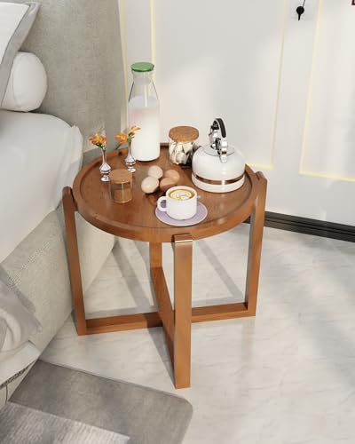 Image of Foldable Side Table for Living Room & Balcony - Portable Wooden C-Shaped End Table for Laptop, Coffee, & Snacks - Pre-Assembled Space Saving Furniture (Walnut Finish)