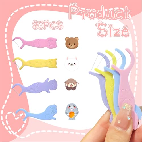 THXFUNAREA Zahnseide Kinder Dental Floss für engen Zahnzwischenräume Zahnseide Sticks mit 4 bunte Griffe in Form von Tier Fluorfrei, wachsfrei, rutschhemmend(2X40Stk) – Bild 3