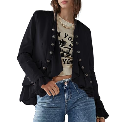 Women Casual Ruffles Jacket High Low Hem Steampunk Blazers Button up Romance Open Front Cotton Cardigan2