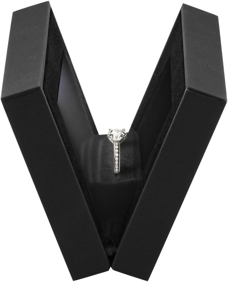Allure - Slim Ring Box With LED Light, Square Shaped Elegant Flat Diamond Ring Case, Small, Black Velvet Interior Jewelry Display Gift Box For Unique Proposal, Engagement Or Wedding.