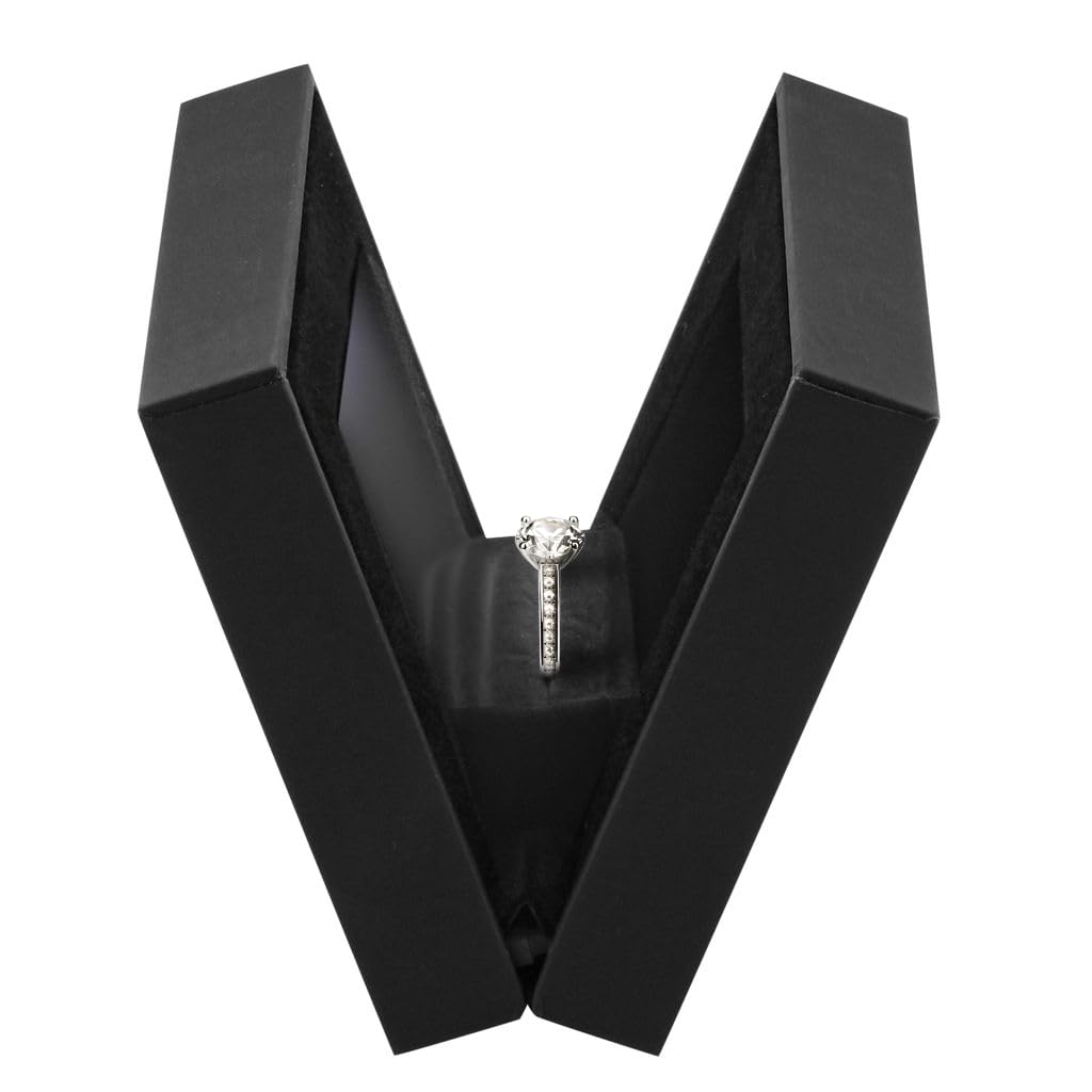 Allure - Slim Ring Box With LED Light, Square Shaped Elegant Flat Diamond Ring Case, Small, Black Velvet Interior Jewelry Display Gift Box For Unique Proposal, Engagement Or Wedding.