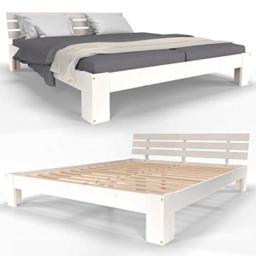 Homelux Holzbett Massivholz Bett Kiefer Doppelbett Balkenbett Bettgestell Bettrahmen Lattenrost 160 x 200 cm Weiss (Lasee)