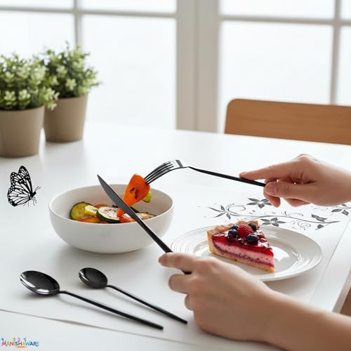 Image of Slim Handle Black 24 Pcs Stainless Steel Cutlery Set for Dining Table, Dishwasher Safe Glossy Flatware (6 Spoon Set + 6 Forks Set + 6 Butter Knife + 6 Dessert Spoon)