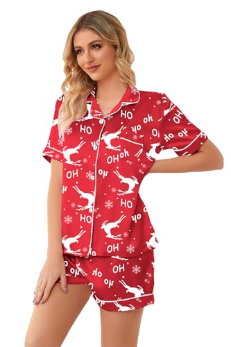 Image of Schbbbta Womens Pajamas, Satin Silky Pjs Set Button-Top 2 Pcs Short Sleeve Sleepwear Soft Comfy Sexy Loungewear Homewear, Red Reindeer Christmas, X-Small