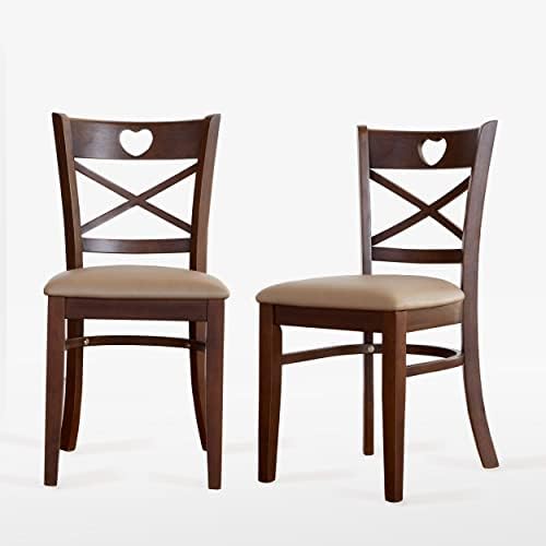 Livinia Heart X-Back Dining Chair Set of 2, Solid Malaysian Oak PU Leather Upholstered Cushion Seat Wooden Cross Back Side Chairs (Walnut)