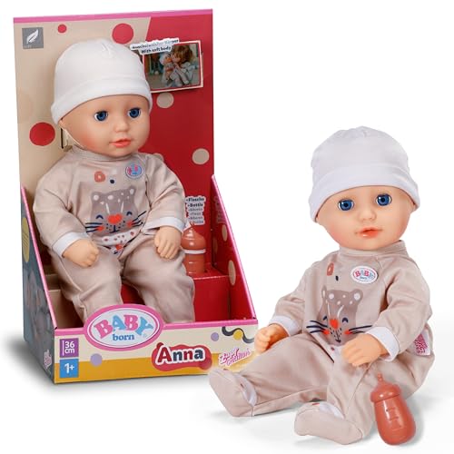 BABY born Anna mit beigem Strampler, weiche 36cm große Babypuppe mit Stoffkörper und Schlafaugen inkl. Fläschchen, Beige