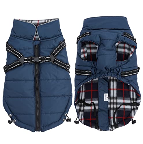 Warm Pet Dog Coats and Jackets,Waterproof Reflective Pet Dog Harness Vest Winter Puppy Clothes with Chest Strap, Outdoor Walking Adjustable Chest Strap-Navy Blue-S