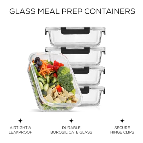 Glass Food Storage Containers with Lids. 5 Pack Meal Prep Containers 35oz Airtight Set. Lunch Containers for Adults