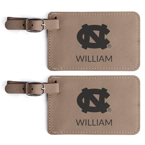Lifetime Creations Pair (2) Personalized UNC Tar Heels Luggage Tags – Light Brown Vegan Leather, Black Engraving – Officially Licensed North Carolina Travel Gift