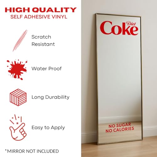 Image of Sticker for Glass & Mirrors| Minimal Vinyl Decal for Bedroom Bathroom & Cafe | Self-Adhesive Waterproof Quote Aesthetic Mirror Sticker | No Mirror Included (Diet Coke, Large, Transparent Red)