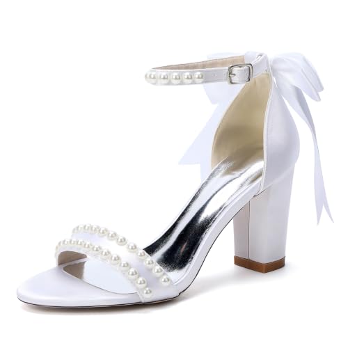 Chaussures de mariage en satin blanc de haute qualité avec lanière perlée et nœud délicat