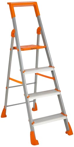 Image of Amazon Basics Clamber Pro+ - Foldable Step Ladder with Tool Tray, Firm Grip, 4 Steps (Aluminium Steps, Orange & Satin)