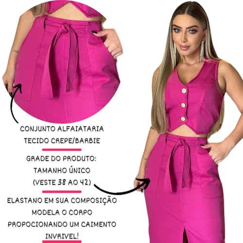 Kit 3 Conjuntos Alfaiataria Femininos com Saia e Cropped, Cores: Preto, Rosa e Lilás (100, Lilás, Ro
