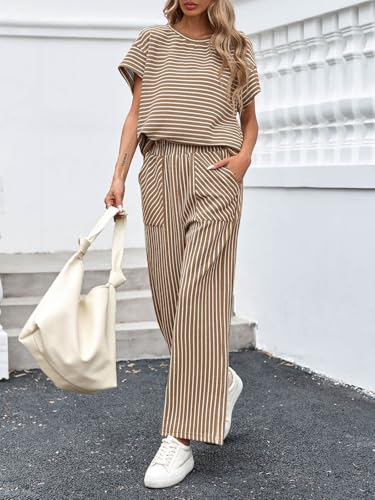 Image of Tankaneo Womens Striped 2 Piece Sets Short Sleeve T Shirts Wide Leg Pants Matching Lounge Set with Pockets