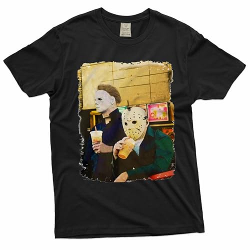 Halloween Movie Inspired T-Shirt Michael Myers Drinking Coffee Funny Humorous Tee for Him (Large Black)