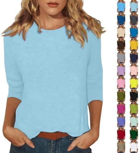 3/4 Length Sleeve Womens Tops Casual Loose Fit Crewneck T Shirts Cute Solid Three Quarter Sleeve Tops Work Blouses