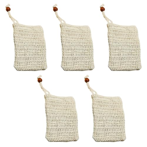 VINTORKY Bolsa de Jabón de Sisal Cordón Ajustable 14.5×9.5 Cm, 5 Unidades Color Café Cuentas de Madera, Bolsa de Malla Espumosa para Baño y Limpieza Facial