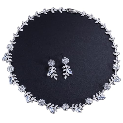 Gargantilla Redonda de Hoja con Zirconia Cúbica y Pendientes para Novia