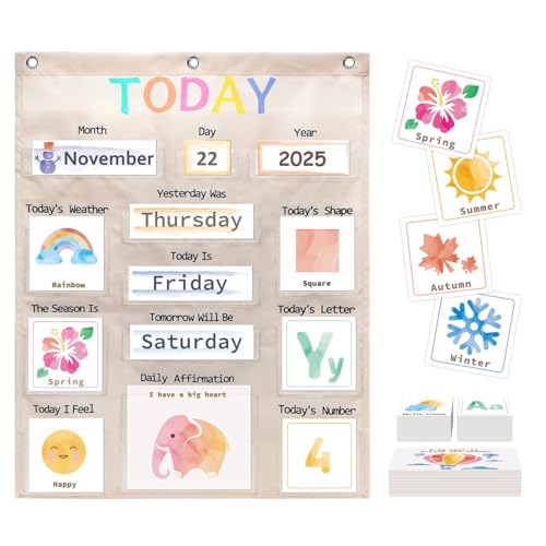 Daily Morning Board Circle Time Calendar Weather Seasons Positive Affirmations Letter Shape Number of the Day Pocket Chart,Toddler Preschool Calendar,Homeschool Morning Work Activity, Pastel Design