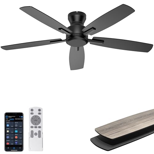 Ohniyou 52 Inch Ceiling Fan No Light, Low Profile Ceiling Fan with Remote and App Control, Flush Mount Ceiling Fan without Light for Bedroom Living Room Covered Patios, Quiet DC Motor, Black