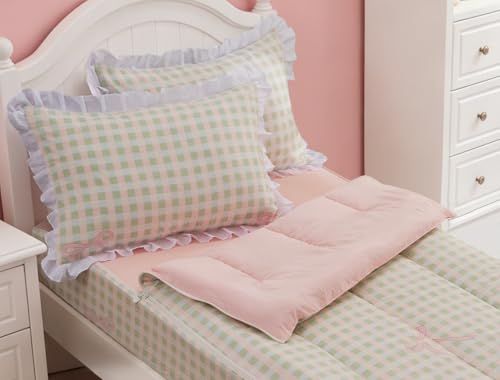 Meeting Story 3pcs Zipper Bedding Twin Kids Pink Bow Checked Plaid Comforter Set for Girls(Pinkgreen Twin)