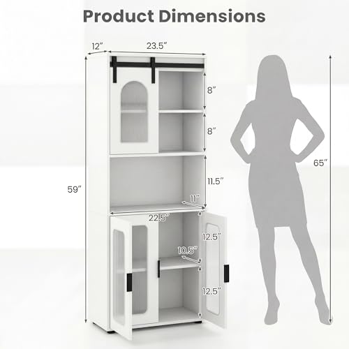 Image of Tangkula 59 inch Tall Bathroom Floor Cabinet, Freestanding Storage Cabinet with Sliding Barn Door & Open Shelves, Farmhouse Bathroom Storage for Kitchen, Living Room, Dining Room (White, 59 inch H)