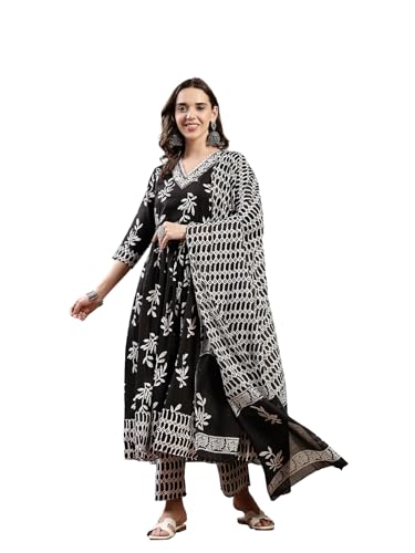 Stylum Women's Black Floral Printed Cotton Anarkali Kurta Pant Dupatta Set