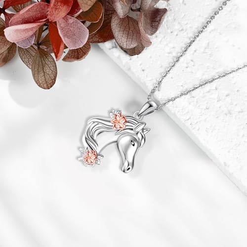 URONE Horse Necklace Sterling Silver Horse Head Flower Pendant Necklace Animal Jewelry Gifts for Women4
