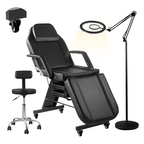 V VDLONSY Facial Chair with Wheels and 10X Magnifying Floor Lamp Esthetician Light 73inch Tattoo Chair with Stool Adjustable Tattoo Bed for Artist Facial Bed for Spa Beauty Black