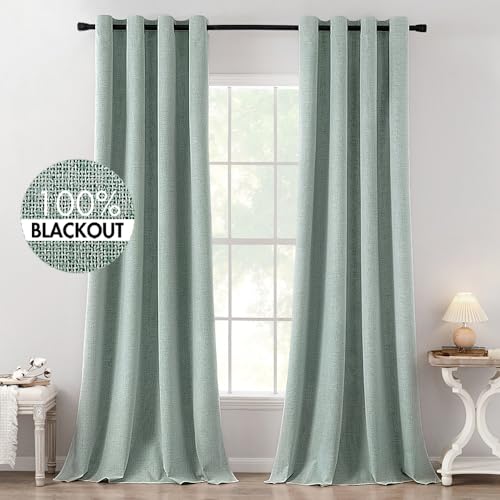 Image of MIULEE Linen Texture Curtains for Bedroom Solid 100% Blackout Thermal Insulated Seafoam Green Curtains Grommet Room Darkening Curtains /Draperies for Living Room 52x120 Inch (2 Panels)