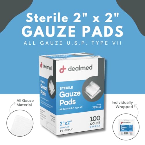 Dealmed Sterile Gauze Pads, Individually Wrapped Absorbent 2" x 2" 12 Ply Cotton, 100/Box