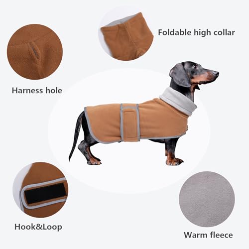 MOREZI Winterhundejacke mit wattiertem Flusenfutter, verstellbarem Klettknopf und hochklappbarem Stehkragen. Sehr gut geeignet für Dackel und kleine und mittelgroße Jagdhunde-Braun-S